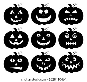 Halloween pumpkin silhouette collection isolated on white. Scary face expression vector set. Funny jack o lantern smile. Cartoon design elements of evil emoticon head. Icon set in eps10 format.

