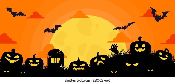 Halloween pumpkin silhouette and fly bat on full moon background. Vector illustration flat design for banner, poster, wallpaper, and background.