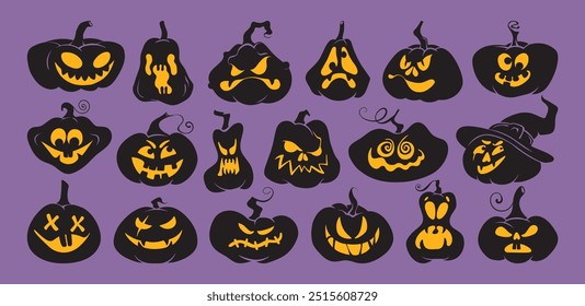 Conjunto de iconos de silueta de calabaza de Halloween. Espeluznantes calabazas negras sonrientes con ojos y boca brillantes. Jack o colección de linterna. Ilustraciones de cara de miedo de Vector para tarjetas de otoño, Anuncios, pegatina, carteles