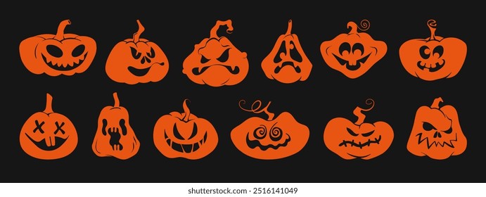 Halloween Pumpkin silhouette icon set. Spooky smiling orange pumpkin faces of different shapes and emotions. Jack o lantern collection. Vector illustrations for autumn cards, banners, stickers, poster