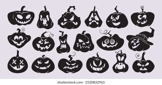 Halloween Pumpkin silhouette icon set. Spooky smiling black pumpkin faces of different shapes and emotions. Jack o lantern collection. Vector illustrations for autumn cards, banners, stickers, posters