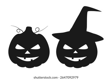 Halloween pumpkin silhouette with and without witch hat Minimalistic Halloween Icon Logo Sticker Set