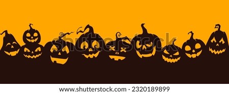 Halloween pumpkin silhouettes. Creepy Jack o lanterns, pumpkin carving evil smiling faces with sharp teeth. Halloween holiday vector background, backdrop or panorama wallpaper Stock photo © 