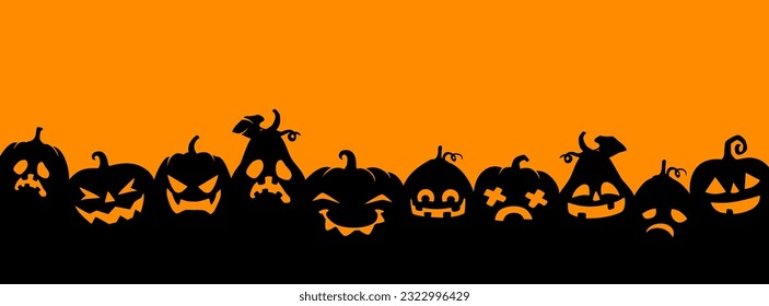 El panorama de las siluetas de calabaza de Halloween. Halloween vectorial de vacaciones fondo horizontal o papel de pared de horror con Jack o lantern caras espeluznantes y espeluznantes, calabaza sonriendo tallados