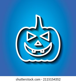 Icono simple de calabaza de Halloween. Diseño plano. Icono blanco con sombra sobre fondo azul.ai