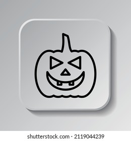 Halloween pumpkin simple icon. Flat desing. Black icon on square button with shadow. Grey background.ai
