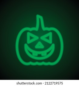 Halloween pumpkin simple icon. Flat desing. Green neon on black background with green light.ai