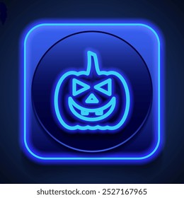 Halloween pumpkin simple icon. Flat design. Blue neon style on button. With shadow.ai
