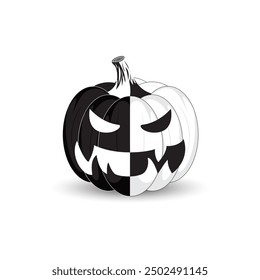 Halloween pumpkin with a sinister smile, made in black and white colors, on a white background. Vector iluustration.