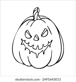 Halloween pumpkin with a sinister smile. Vector concept in doodle and sketch style. Hand drawn illustration for printing on t-shirts, cards. Icon and logo idea..