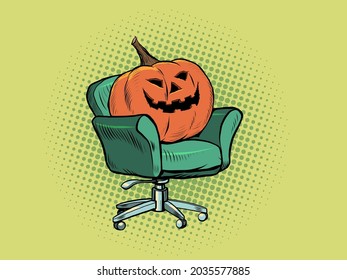 Halloween pumpkin is sitting in a chair. Interviews, home comfort. Seasonal holiday