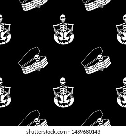 Halloween pumpkin skeleton in coffin seamless pattern