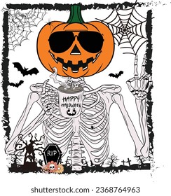 Halloween Pumpkin Skeleton Drinking Coffee with peace hand. Skeleton holding a coffee cup Halloween