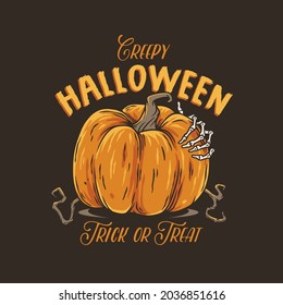 Halloween pumpkin and skeleton hand for autumn party. Happy halloween composition for holiday design