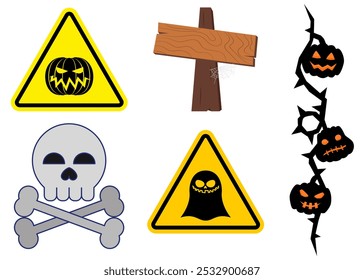 Halloween Pumpkin, Skeleton Head, and Ghost Sign Boards Caution, Spooky Warning Designs, Eerie Typography, Fun Halloween Graphics, Perfect for Haunted Houses or Parties, Classic Halloween Elements.