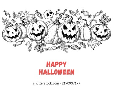 Halloween Pumpkin sketch frame illustration. Hand drawn vector illustration. Jack o Lantern. Vintage design for the holiday Halloween. Design elements