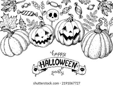 Halloween Pumpkin sketch frame illustration. Hand drawn vector illustration. Jack o Lantern. Vintage design for the holiday Halloween. Design elements