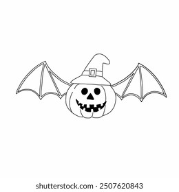 Boceto de calabaza de Halloween con sombrero y alas de murciélago