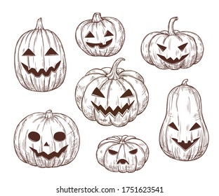 Halloween pumpkin sketch  Vector illustration in retro style  Frightening   funny pumpkins and carved mouths   eyes  Isolated objects  For banners  advertising  posters  backgrounds  invitations 