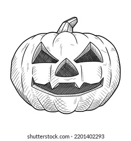 Halloween pumpkin sketch. Vector illustration of a terrible pumpkin with cut out eyes and mouth. Hand-drawn drawing isolated on white background.