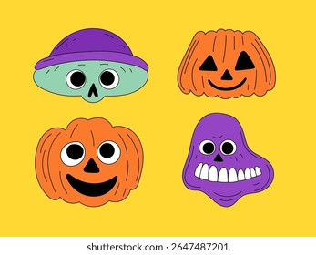 Halloween Pumpkin Skull Cartoon Character Face. Smiley Pumpkin, Skull Bone Traditional  Holiday Mascot Head. Funny Monster Mask Doodle Symbol. Jack Spooky Head Icon. Cute Comic Autumn Halloween Party