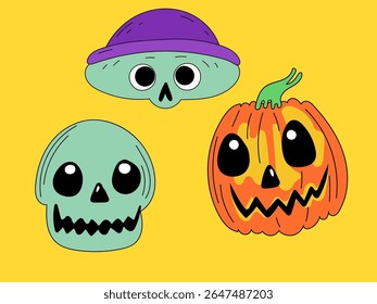 Halloween Pumpkin Skull Cartoon Character Face. Smiley Pumpkin, Skull Bone Traditional  Holiday Mascot Head. Funny Monster Mask Doodle Symbol. Jack Spooky Head Icon. Cute Comic Autumn Halloween Party