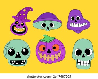 Halloween Pumpkin Skull Cartoon Character Face. Smiley Pumpkin, Skull Bone Traditional  Holiday Mascot Head. Funny Monster Mask Doodle Symbol. Jack Spooky Head Icon. Cute Comic Autumn Halloween Party