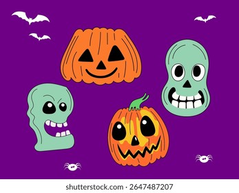 Halloween Pumpkin Skull Cartoon Character Face. Smiley Pumpkin, Skull Bone Traditional  Holiday Mascot Head. Funny Monster Mask Doodle Symbol. Jack Spooky Head Icon. Cute Comic Autumn Halloween Party