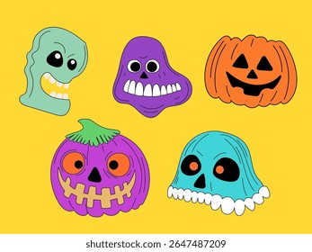 Halloween Pumpkin Skull Cartoon Character Face. Smiley Pumpkin, Skull Bone Traditional  Holiday Mascot Head. Funny Monster Mask Doodle Symbol. Jack Spooky Head Icon. Cute Comic Autumn Halloween Party