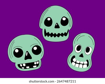 Halloween Pumpkin Skull Cartoon Character Face. Smiley Pumpkin, Skull Bone Traditional  Holiday Mascot Head. Funny Monster Mask Doodle Symbol. Jack Spooky Head Icon. Cute Comic Autumn Halloween Party