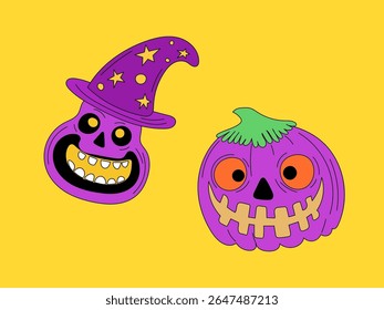 Halloween Pumpkin Skull Cartoon Character Face. Smiley Pumpkin, Skull Bone Traditional  Holiday Mascot Head. Funny Monster Mask Doodle Symbol. Jack Spooky Head Icon. Cute Comic Autumn Halloween Party