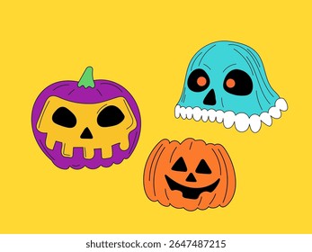 Halloween Pumpkin Skull Cartoon Character Face. Smiley Pumpkin, Skull Bone Traditional  Holiday Mascot Head. Funny Monster Mask Doodle Symbol. Jack Spooky Head Icon. Cute Comic Autumn Halloween Party