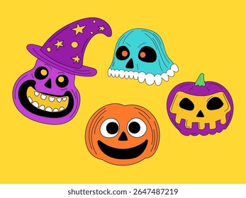 Halloween Pumpkin Skull Cartoon Character Face. Smiley Pumpkin, Skull Bone Traditional  Holiday Mascot Head. Funny Monster Mask Doodle Symbol. Jack Spooky Head Icon. Cute Comic Autumn Halloween Party