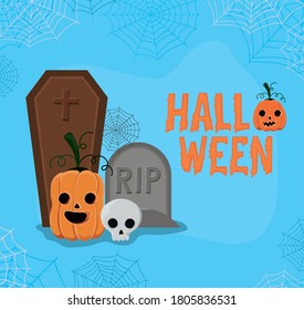 Halloween pumpkin and skull cartoon with graves design, Holiday and scary theme Vector illustration