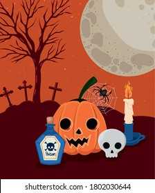 Halloween pumpkin and skull cartoons in front of cemetery design, Holiday and scary theme Vector illustration