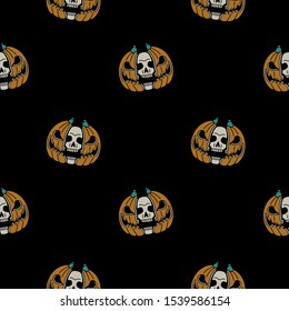 Halloween pumpkin skull color seamless pattern