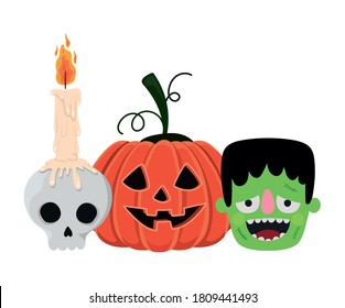 Halloween pumpkin skull and frankenstein cartoons design, Holiday and scary theme Vector illustration