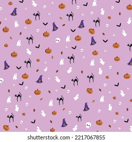 Halloween pumpkin, skull, ghost, and cat on pink background
