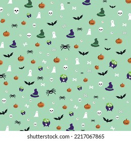 Halloween pumpkin, skull, ghost, and cat on green background