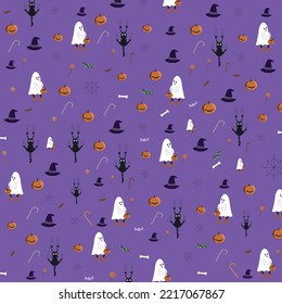 Halloween pumpkin, skull, ghost, and cat on purple background