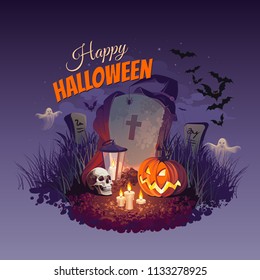Halloween Pumpkin, Skull, Ghosts, Bats And Tombstone On Night Sky Background, Illustration.