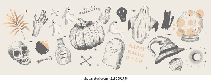 Halloween. Pumpkin. Skull. Ghosts. Set of vector hand drawn illustrations. Tattoos, engraving style.