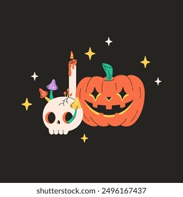 Halloween pumpkin, skull with mushrooms, candle and stars. Magic, witchcraft. Happy Halloween. Vector illustration in flat style