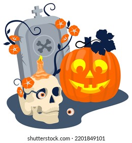 Halloween pumpkin and skull next to the grave. Vector illustration.