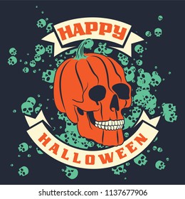 Halloween Pumpkin Skull on dark background. Happy Halloween poster