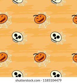 Halloween pumpkin and skull on the yellow seamless pattern. vector illustration for fashion textile print and wrapping with festive design.