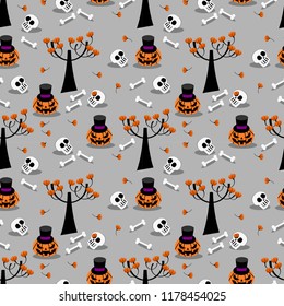 Halloween pumpkin and skull seamless pattern. Horror halloween concept.