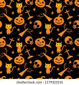Halloween pumpkin and skull seamless pattern. Horror Halloween concept.