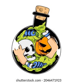 halloween pumpkin and skull vector illustration in a potion bottle with zombie legs and arms