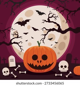 Halloween pumpkin, skulls, bones, bats, moon, gravestones